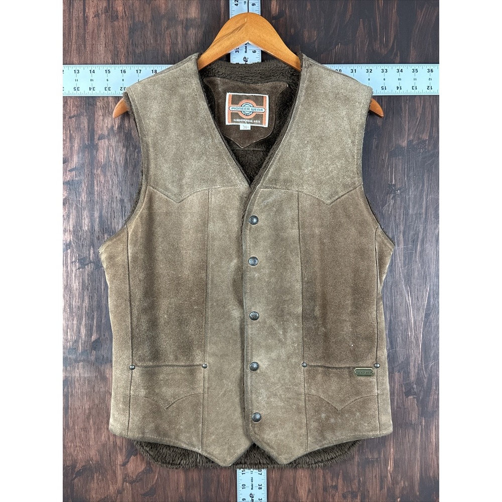 PIONEER WEAR Vtg Western Sherpa Lined Leather Vest Tan Brown Men's 36 Med Hagrid